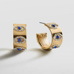 Evil Eye On Repeat Hoop Earrings - Gold/Blue