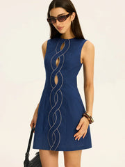 Linen & Cotton Cut-Out Contrast-Stitch Mini Dress