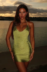 Reckless Glamour Fringe Mini Dress Chartreuse