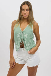 Green Linen Vest Sleeveless Embroidery