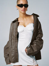 Faux Leather Collared Dad Jacket Washed Brown