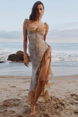 paisley print georgette ruffle maxi dress