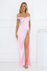 Spark Babe Off Shoulder Satin Maxi Dress Pink