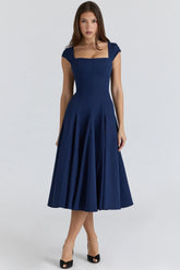 navy lace back twill midi dress