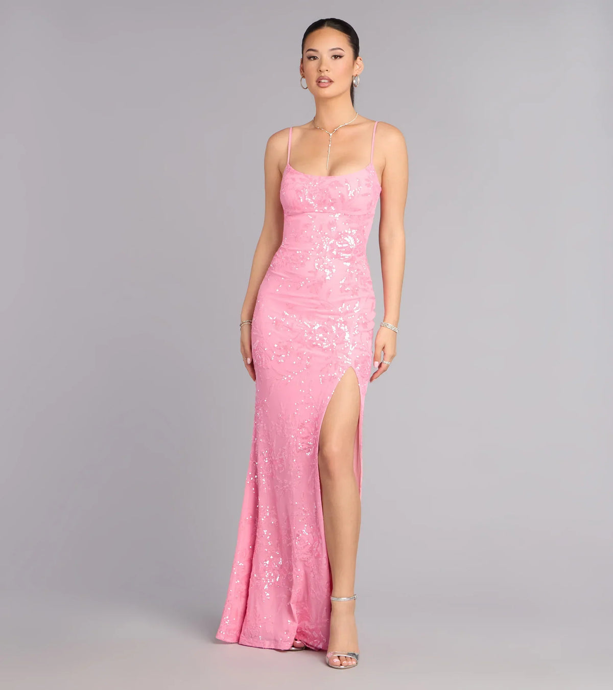 Lilyanna Floral Sequin Slit Formal Dress