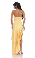 Strapless Ruffle Asymmetrical Maxi Dress in Yellow