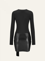 Faux Leather Paneled Knit Long Sleeve Mini Dress