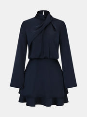 Long Sleeve Cross Neck Satin Tiered Mini Dress