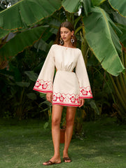 Floral Embroidered Backless Tie Dress