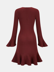 Bell Sleeve Asymmetrical Ruffle Fitted Dress