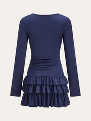 Long Sleeve Ruched Waist Layered Ruffle Dress